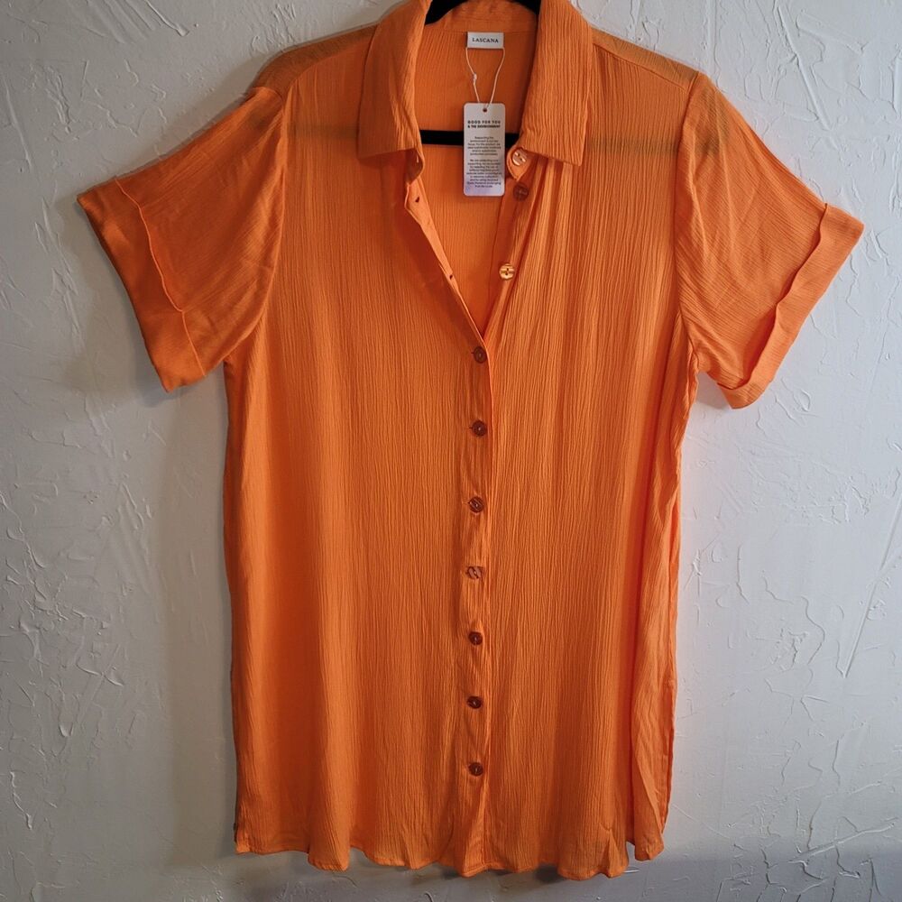 Lascana Orange Crinkle Gauze Beach Cover Up Dress NWT Semi Sheer Beachy Sz 6
